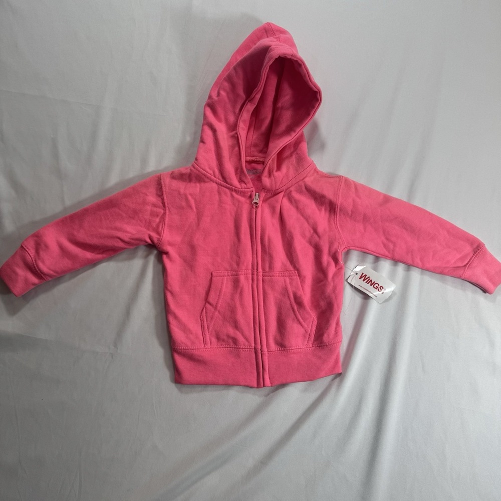 Wings Pink Hooded Full Zip Fleece Basic Jacket, Cotton Blend, Girls 18-24M